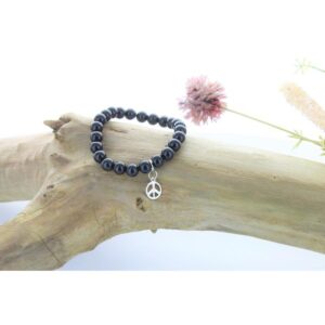 Bracelet Onyx Perles rondes 8 mm et Breloque paix
