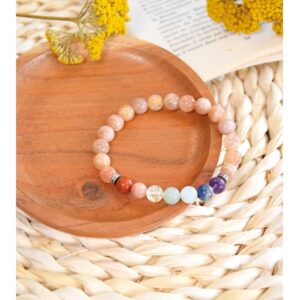 Bracelet 7 Chakras Pierre de soleil Perles rondes 8 mm