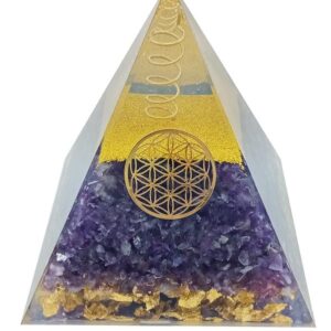 Pyramide orgonite améthyste fleur de vie